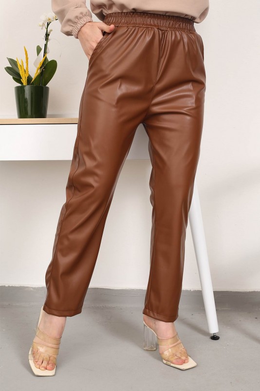 Kahverengi Yüksek Bel Şardonlu Deri Pantolon