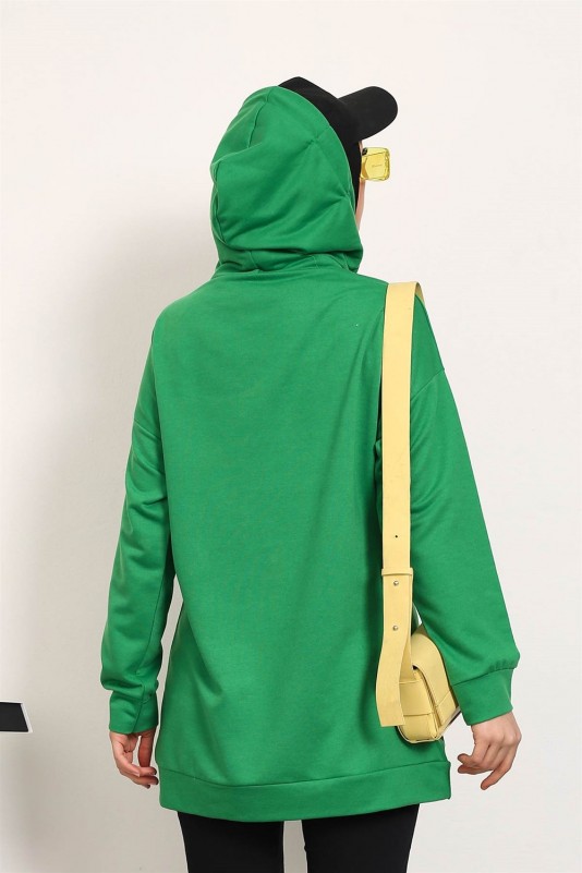 Yeşil Kuş Gözlü Kapüşonlu İki İplik Sweatshirt