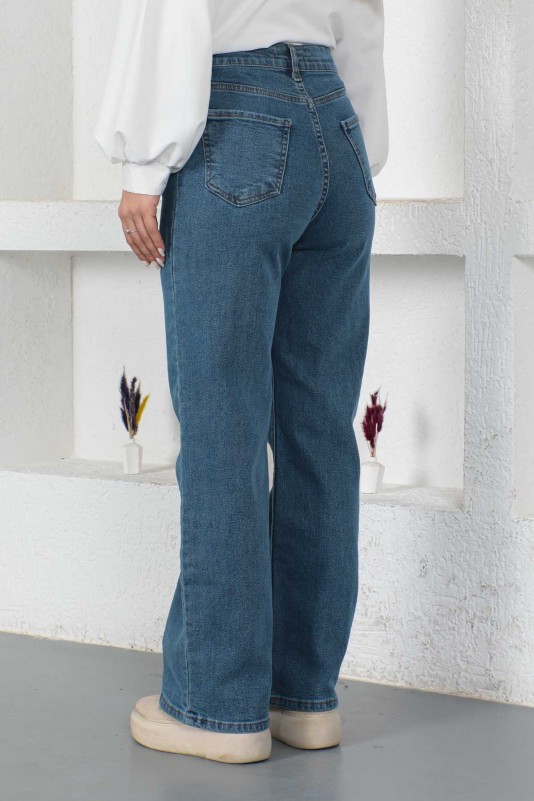 Mavi Yüksek Bel Bol Paça Jeans Pantolon