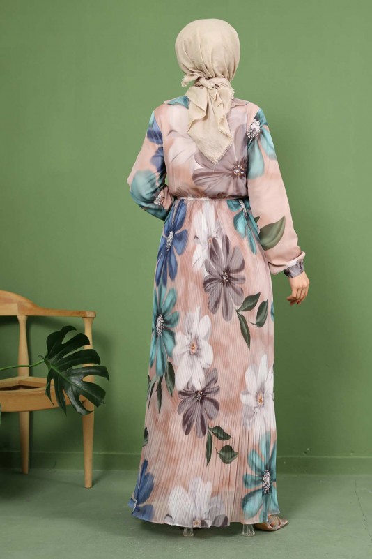 Vizon Yaka Detaylı Piliseli Şifon Elbise