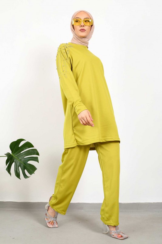 Yağ Yeşili Taş İşlemeli Tunik Pantolon Takım