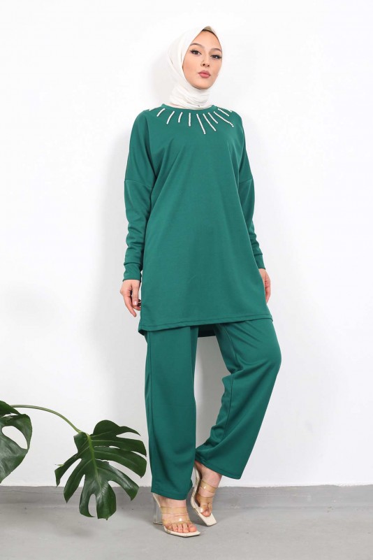 Zümrüt Yeşili İnci İşlemeli Tunik Pantolon Takım