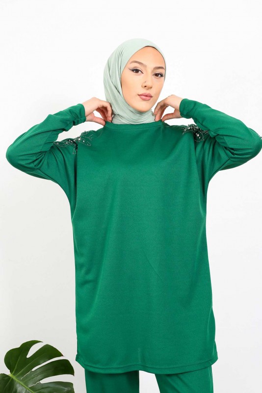 Zümrüt Yeşili Taş İşlemeli Tunik Pantolon Takım