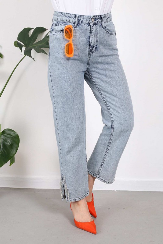 Buz  Mavi Yüksek Bel Yırtmaçlı Taşlı Jeans Pantolon