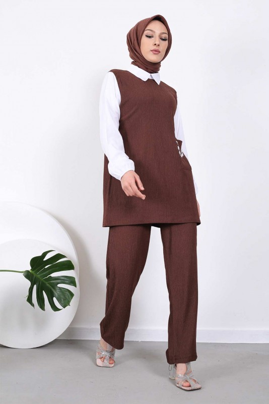 Kahverengi Cep Zincirli Bürümcük Tunik Pantolon Takım