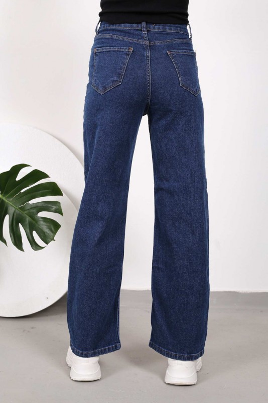 Lacivert Yüksek Bel Bol Paça Jeans Pantolon