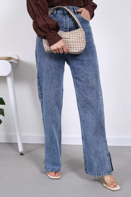 Mavi Bol Paça Yırtmaçlı Jeans Pantolon