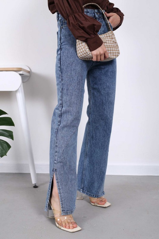 Mavi Bol Paça Yırtmaçlı Jeans Pantolon