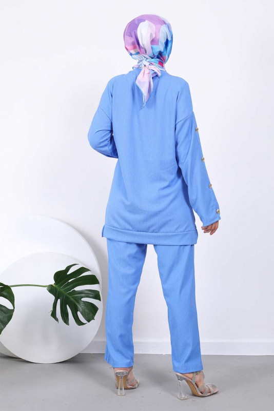 Mavi Kolyeli Kolları Düğmeli Tunik Pantolon Takım