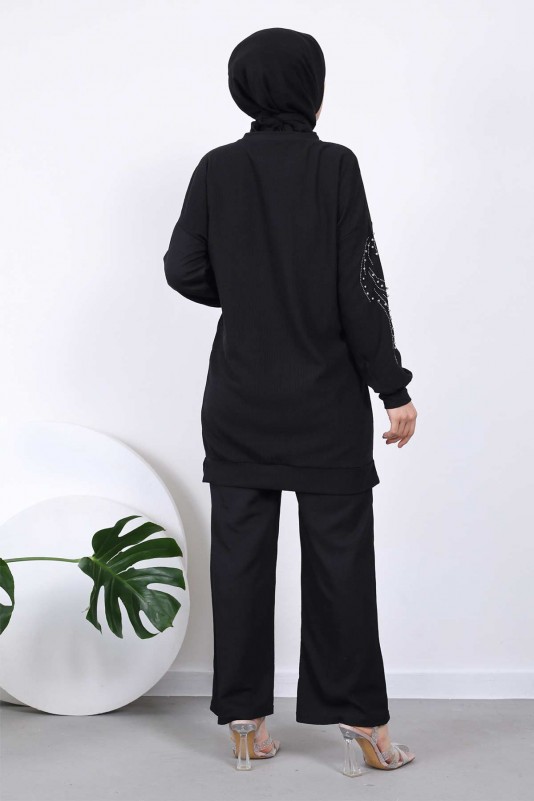 Siyah Boncuk Taş İşlemeli Tunik Pantolon Takım