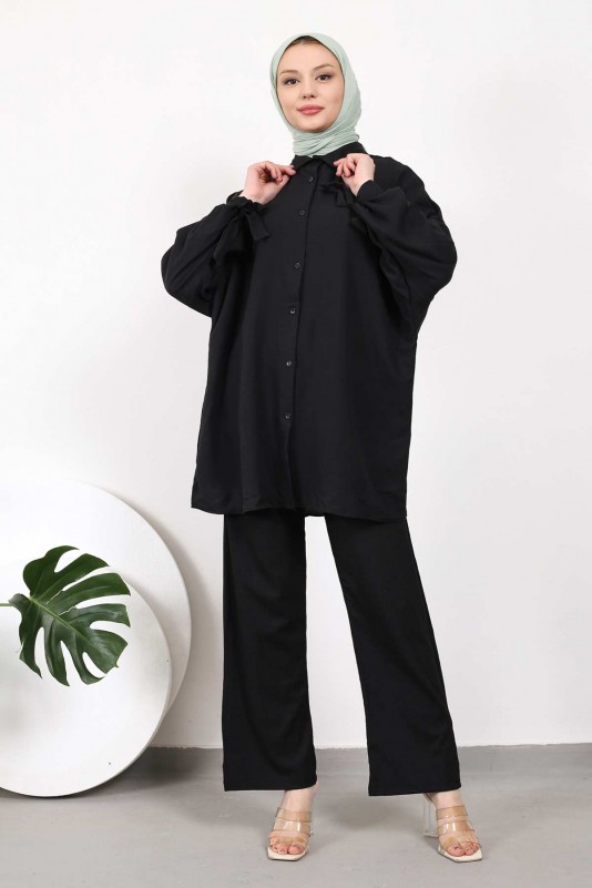 Siyah Yarasa kol Bağlamalı Tunik Pantolon Takım