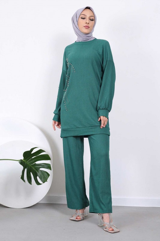 Zümrüt Yeşili Boncuk Taş İşlemeli Tunik Pantolon Takım