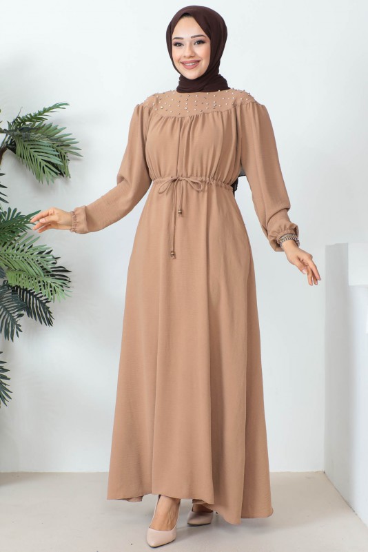 Bisküvi İncili Bel Büzgülü Ayrobin Elbise