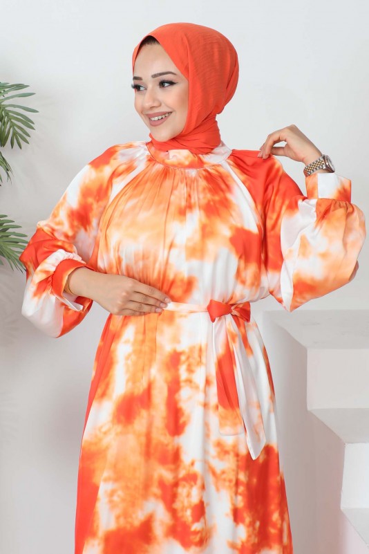 Orange Dijital Baskılı Astarlı Elbise