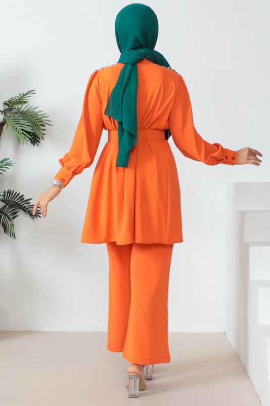 Orange Omuz Taş Detaylı Tunik Pantolon Takım