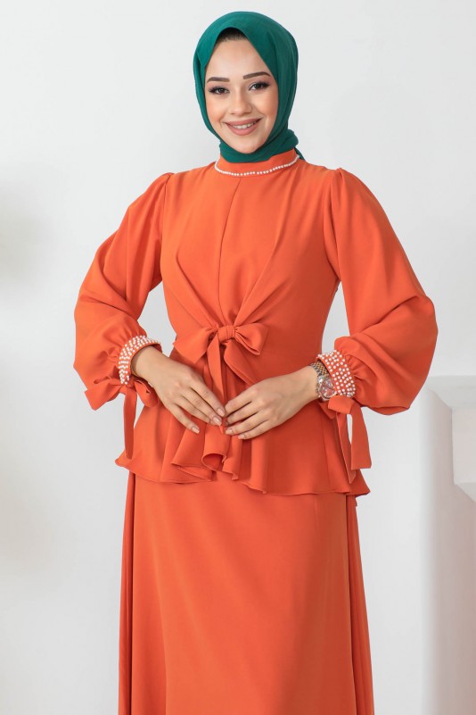 Orange Yaka Kol Boncuk Detaylı Etek Tunik Takım