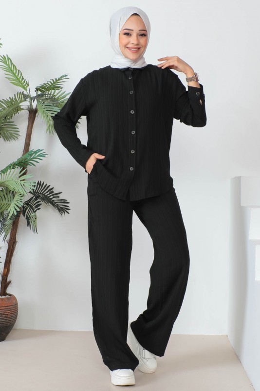 Siyah Detaylı Keten Gömlek Pantolon Takım