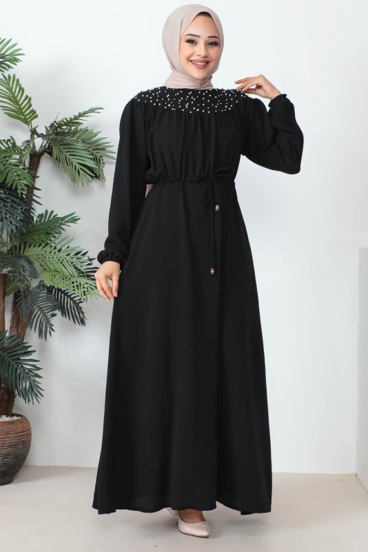 Siyah İncili Bel Büzgülü Ayrobin Elbise