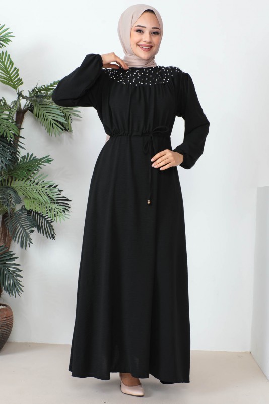 Siyah İncili Bel Büzgülü Ayrobin Elbise