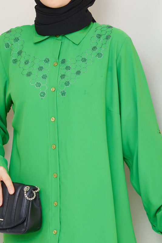 Yeşil Büyük Beden Taşlı Ayrobin Gömlek