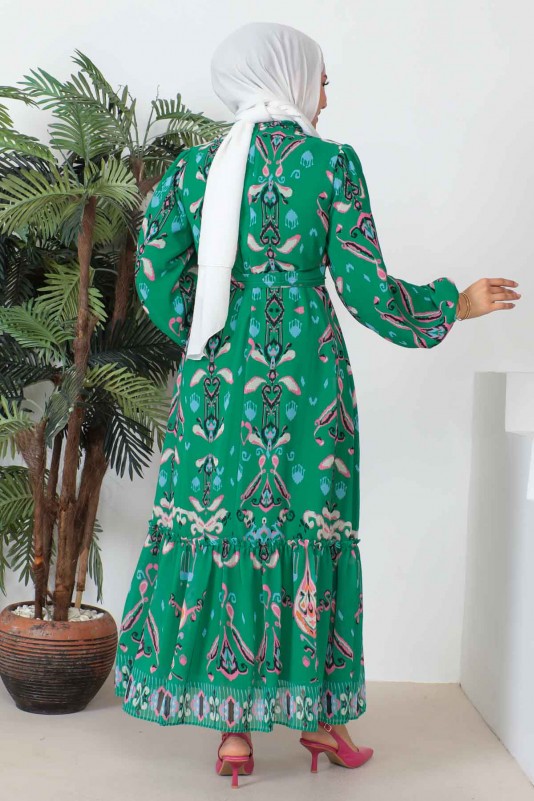 Yeşil Desenli Şifon Elbise