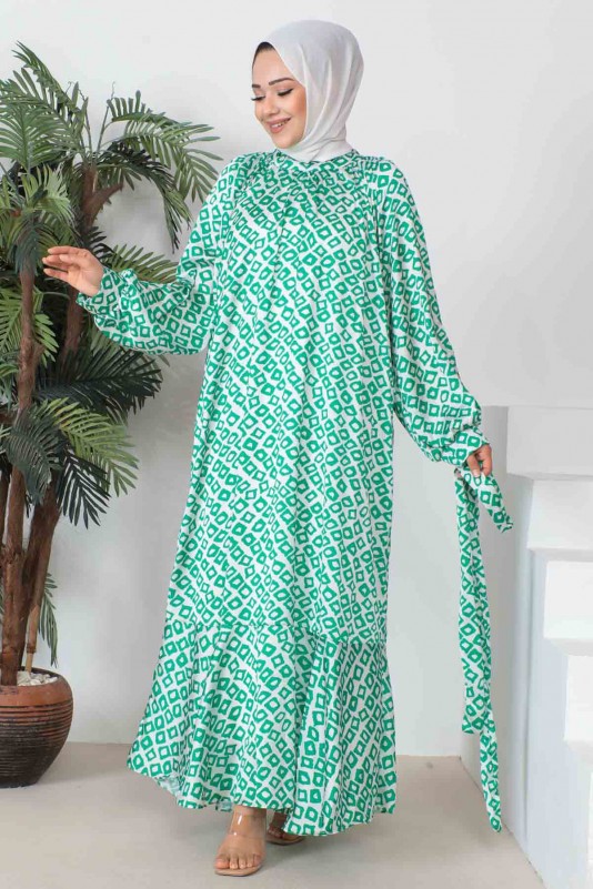Yeşil Dijital Baskılı Astarlı Elbise