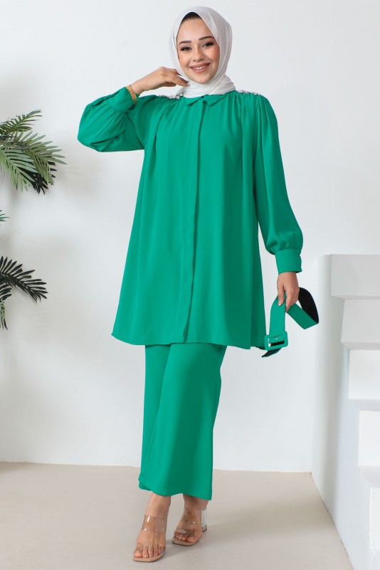 Yeşil Omuz Taş Detaylı Tunik Pantolon Takım