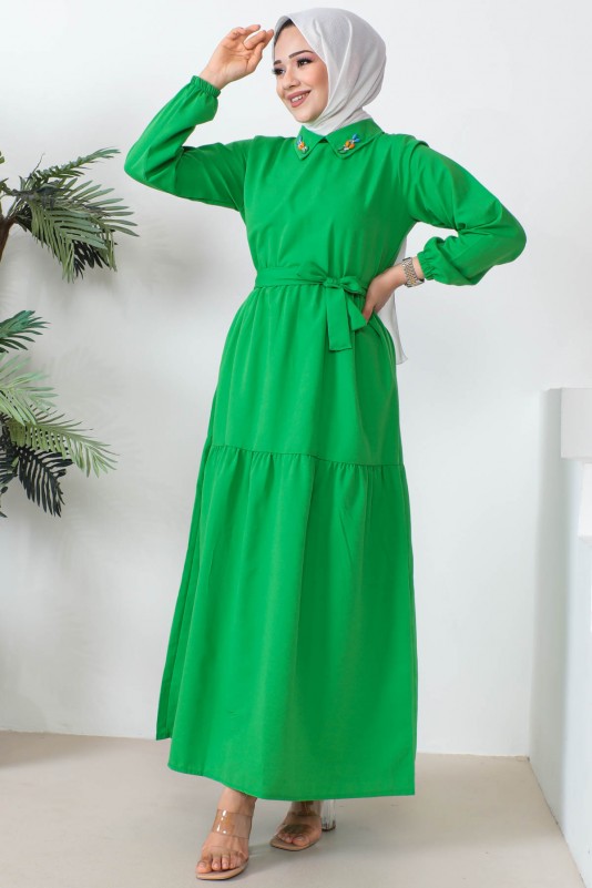 Yeşil Yaka Boncuklu Terikoton Elbise