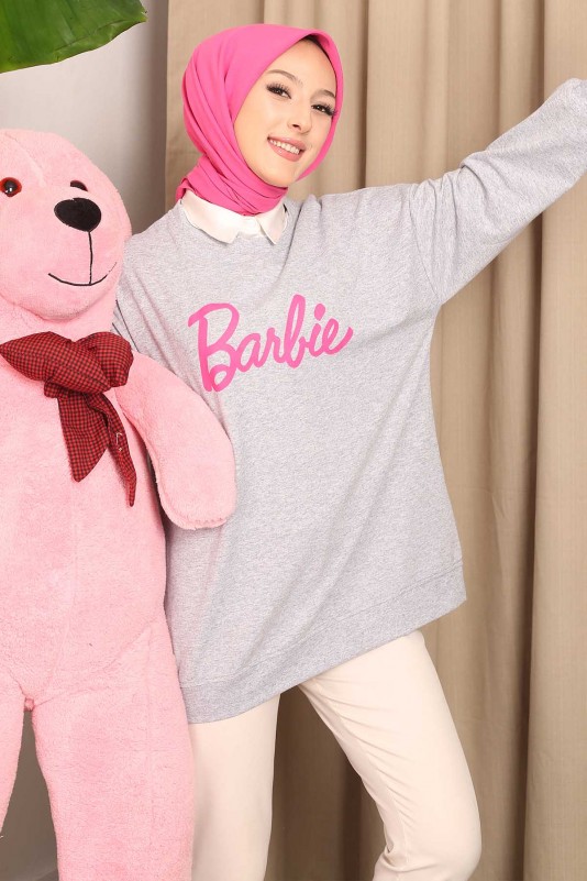 Gri Barbie Baskılı İki İplik Sweatshirt