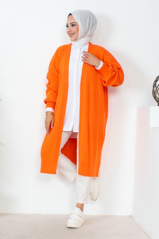 Orange Kadın Modest Fitilli Yırtmaçlı Uzun Tesettür Triko Hırka
