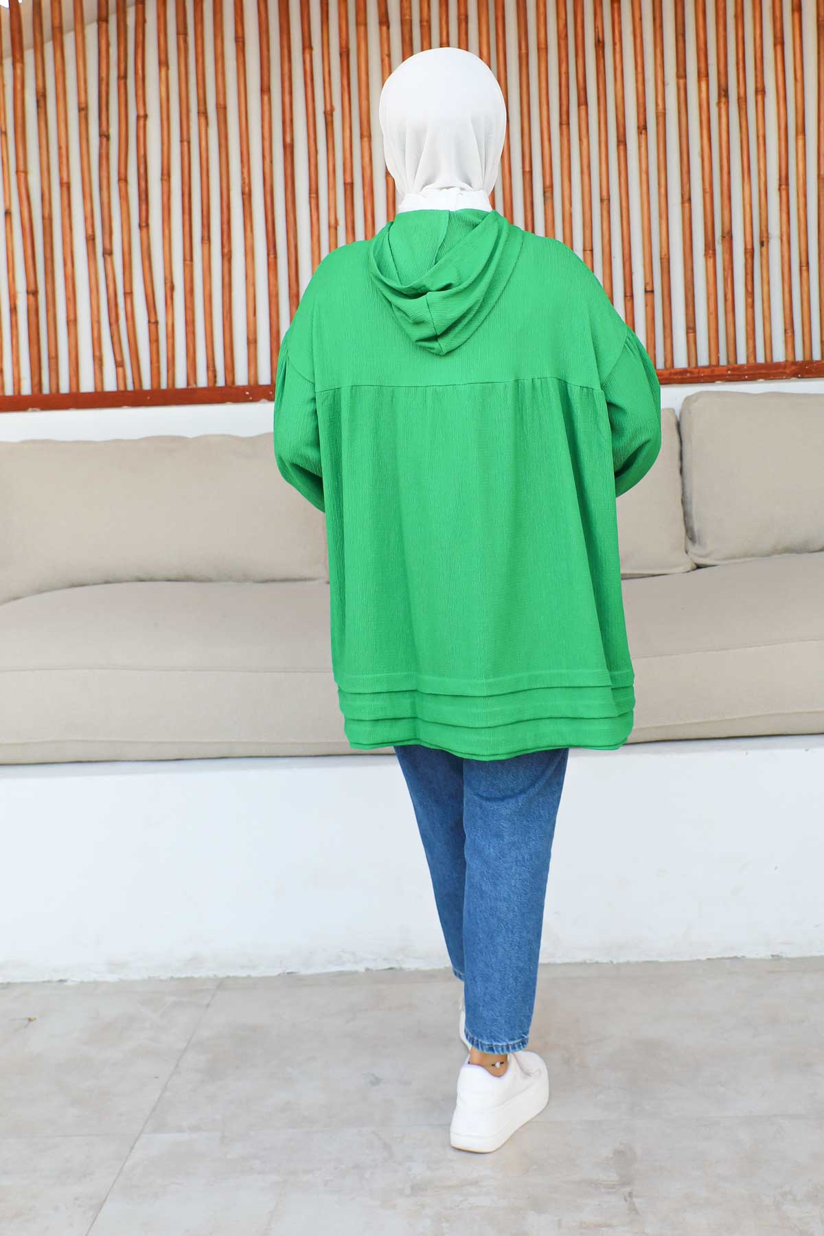 Yeşil Kapüşonlu Bürümcük Sweatshirt