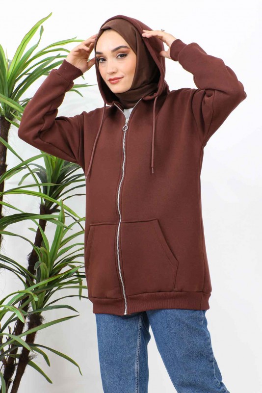 Kahverengi Kapüşonlu Üç İplik Şardonlu Sweatshirt