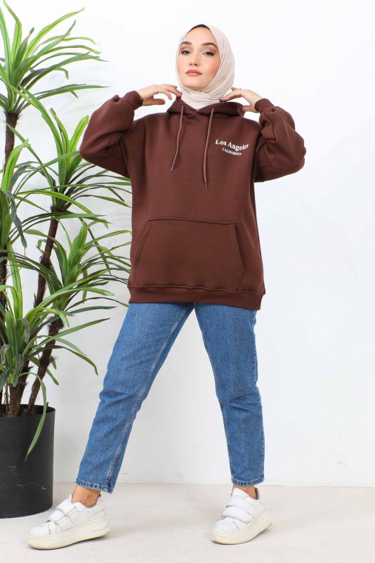 Kahverengi Kapüşonlu Üç İplik Şardonlu Sweatshirt