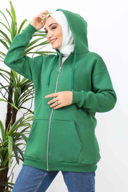Yeşil Kapüşonlu Üç İplik Şardonlu Sweatshirt