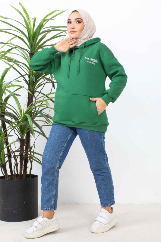 Yeşil Kapüşonlu Üç İplik Şardonlu Sweatshirt
