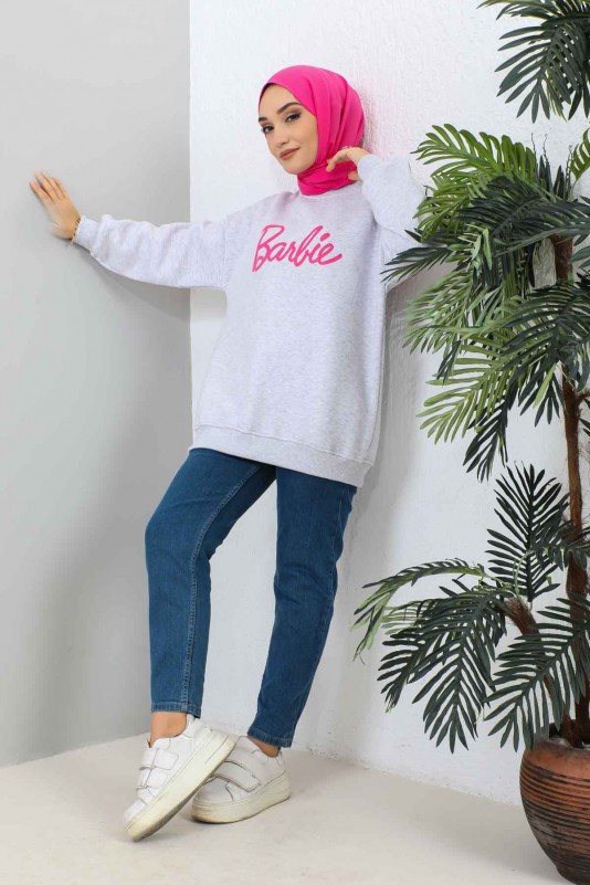 Gri Barbie Baskılı Üç İplik Sweatshirt