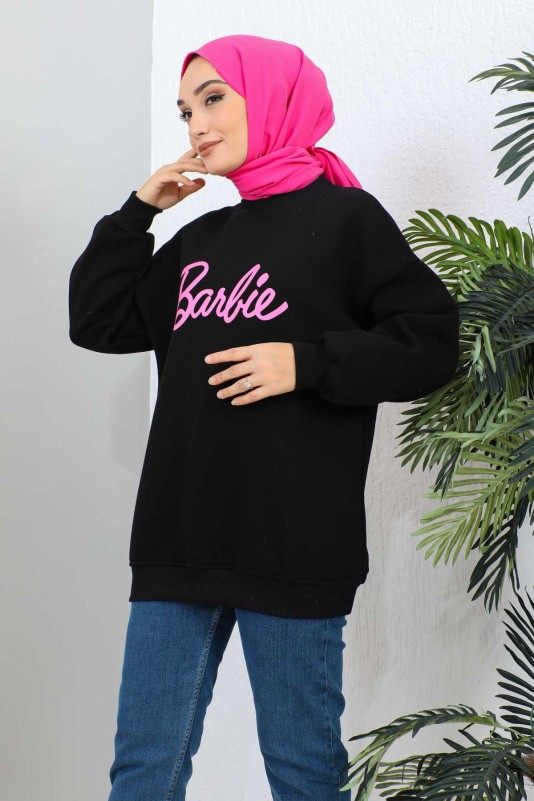 Siyah Barbie Baskılı Üç İplik Sweatshirt