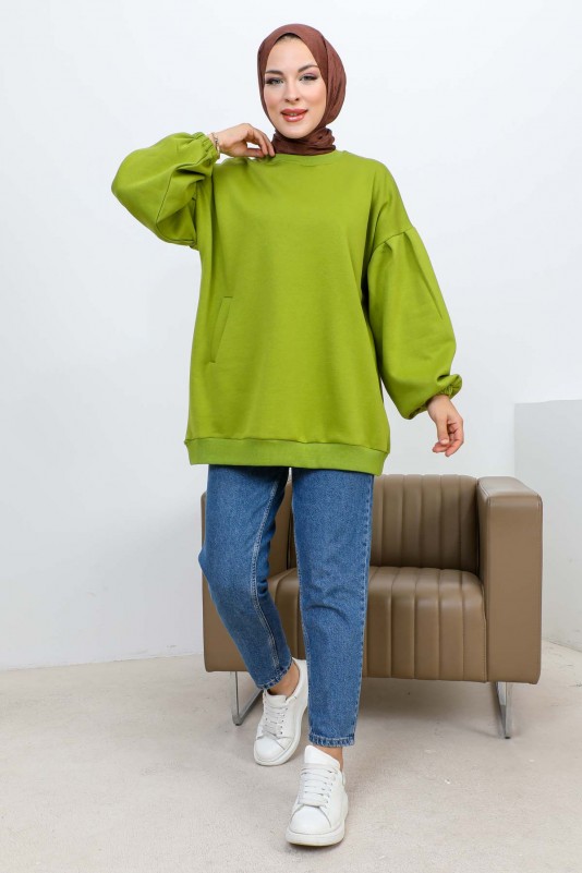 Yağ Yeşili Üç İplik Şardonlu Sweatshirt