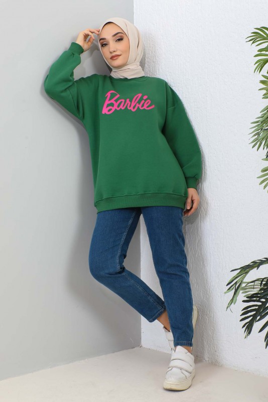 Yeşil Barbie Baskılı Üç İplik Sweatshirt