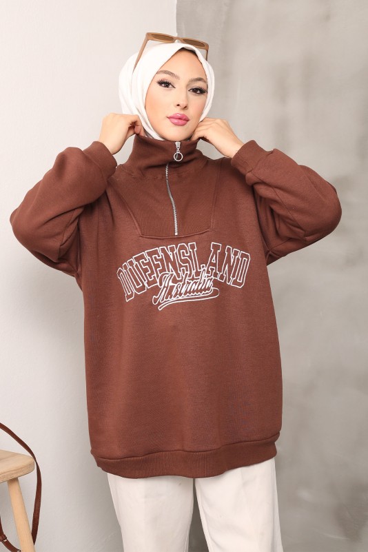 Kahverengi Yaka Fermuarlı Üç İplik Şardonlu Sweatshirt