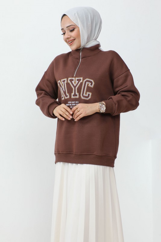 Kahverengi Yaka Fermuarlı Üç İplik Şardonlu Sweatshirt