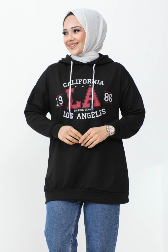 Siyah Kapüşonlu LA Baskılı İki İplik Sweatshirt