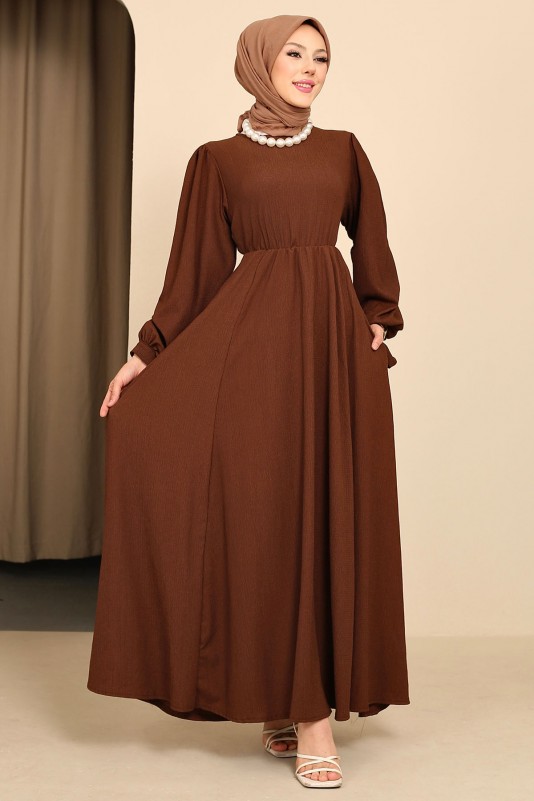 Kahverengi Kol Bağlamalı Bürümcük Elbise