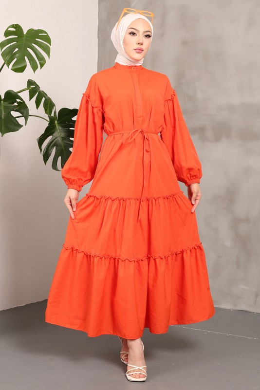 Orange Kol Lastikli Eteği Katlı Terikoton Elbise