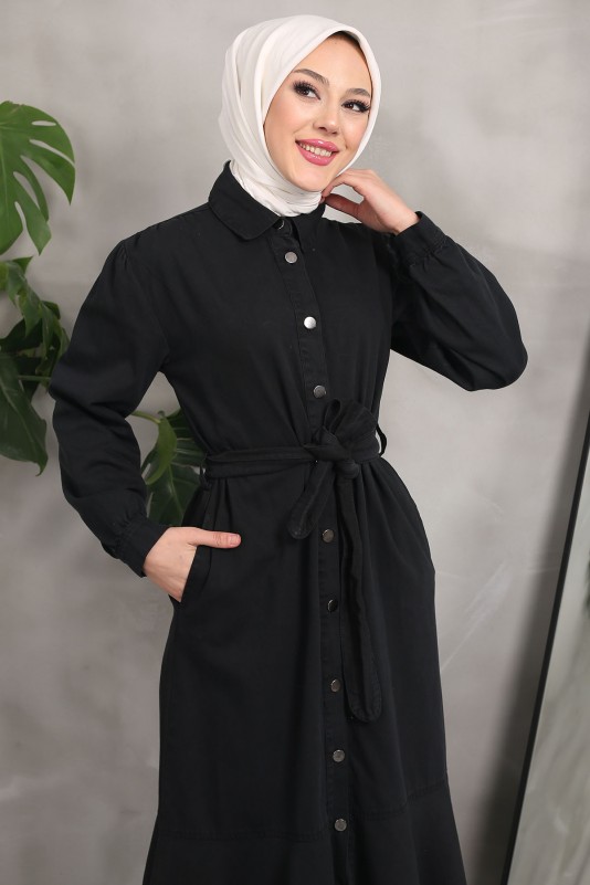 Siyah Gömlek Yaka Kuşaklı Eteği Katlı Kuşaklı Kot Elbise