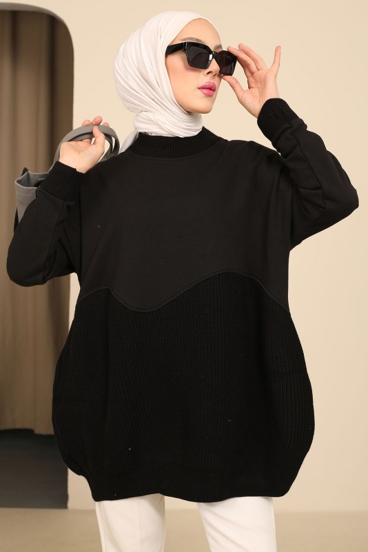 Siyah Triko Detaylı Üç İplik Şardonlu Sweatshirt