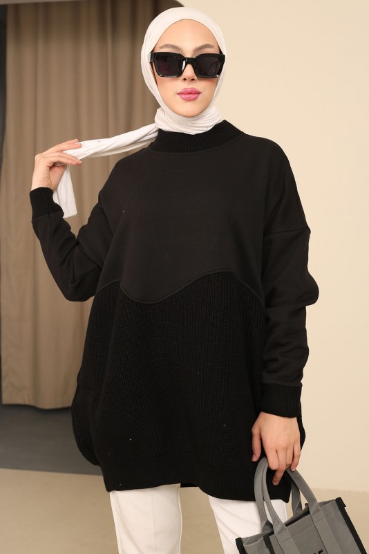 Siyah Triko Detaylı Üç İplik Şardonlu Sweatshirt