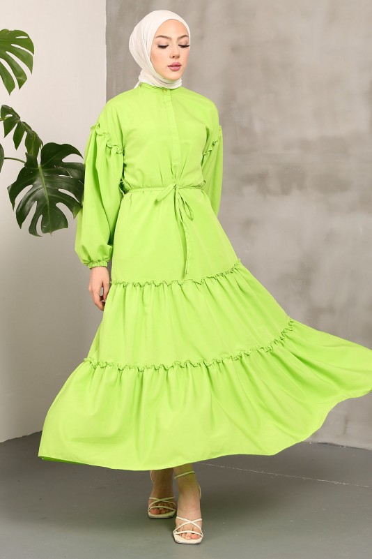Yağ Yeşili Kol Lastikli Eteği Katlı Terikoton Elbise