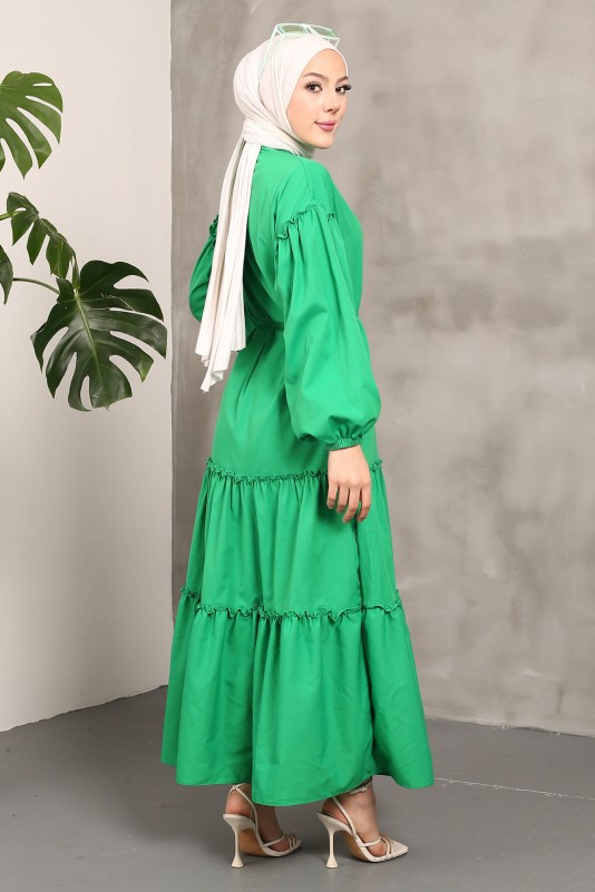 Yeşil Kol Lastikli Eteği Katlı Terikoton Elbise