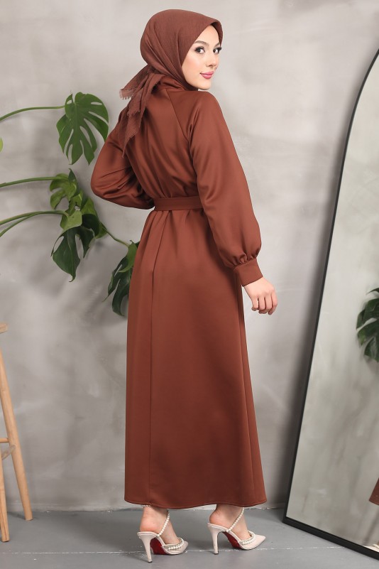 Kahverengi Bel Kuşaklı Scuba Elbise